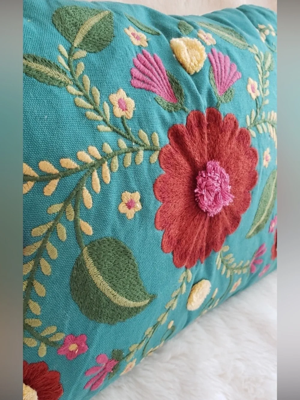 Pier 1 Embroidered Accent Pillow with Pom Pom Florals and Tassels NWT